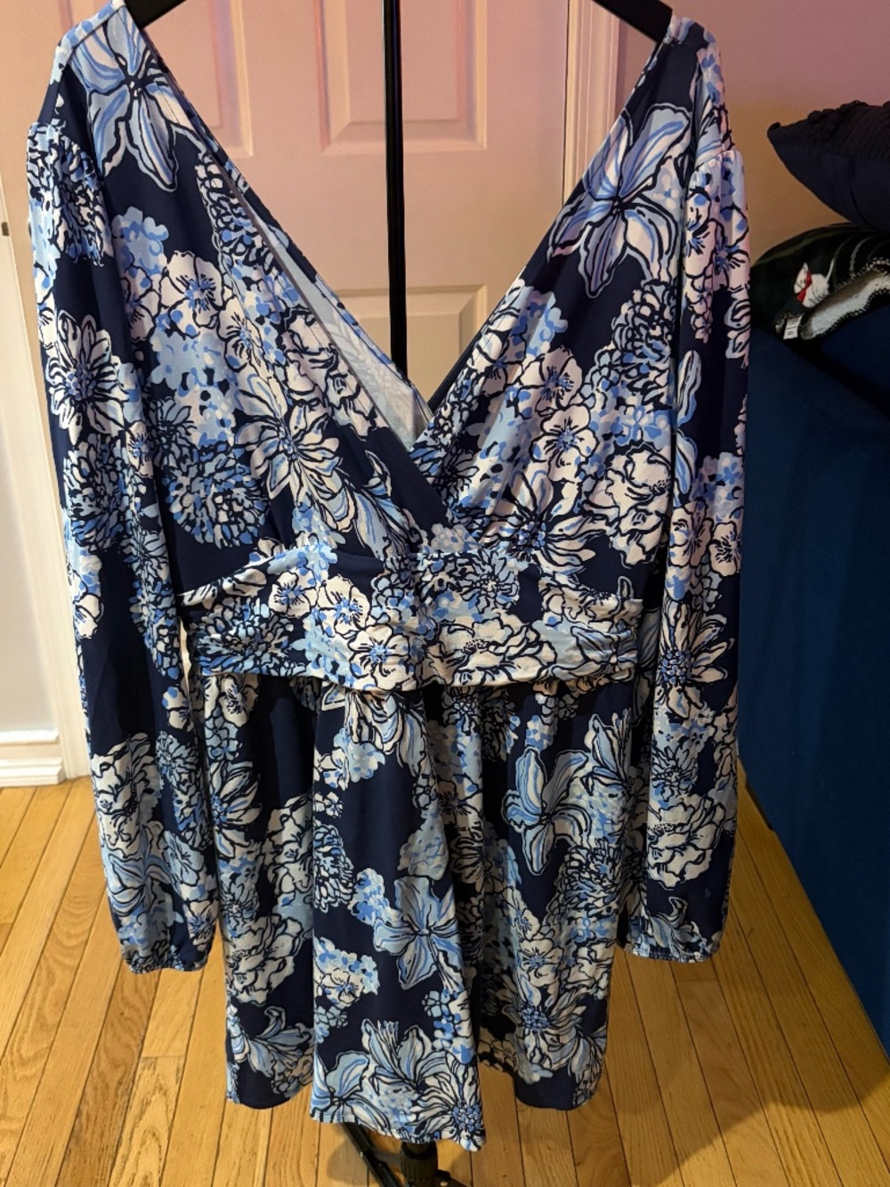 Lilly Pulitzer Riza Long Sleeve Romper Low Tide Navy Bouquet All Day XL